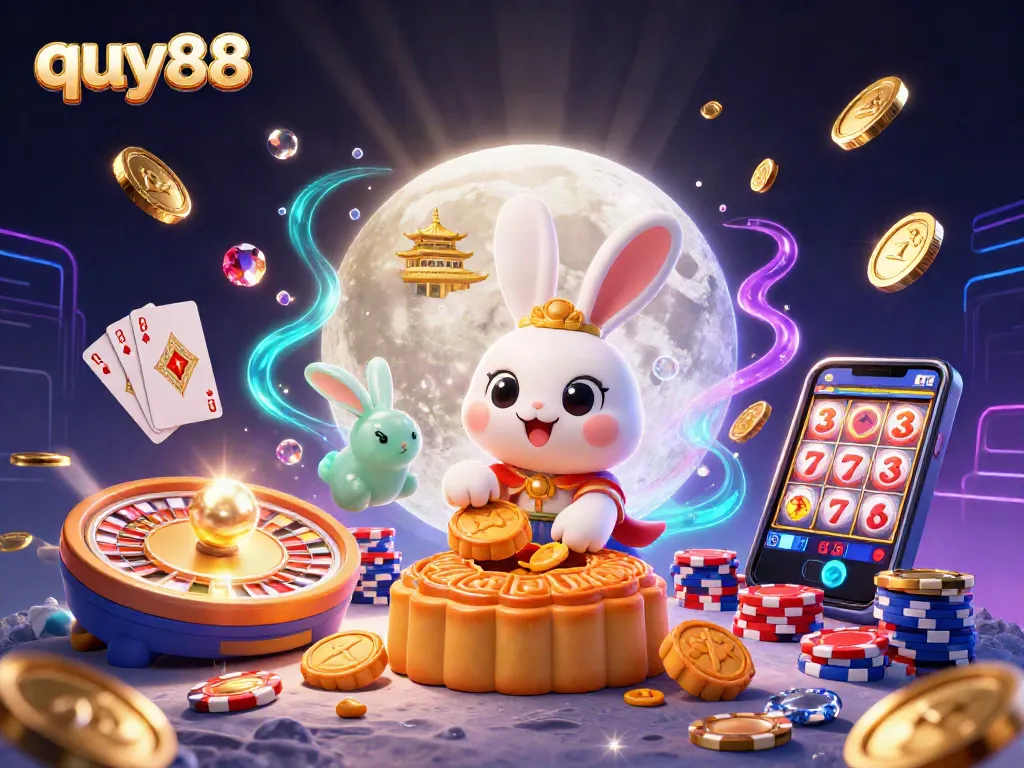Celebrate quy88 excitement with a vibrant 3D moon rabbit and casino elements amidst lunar luck.