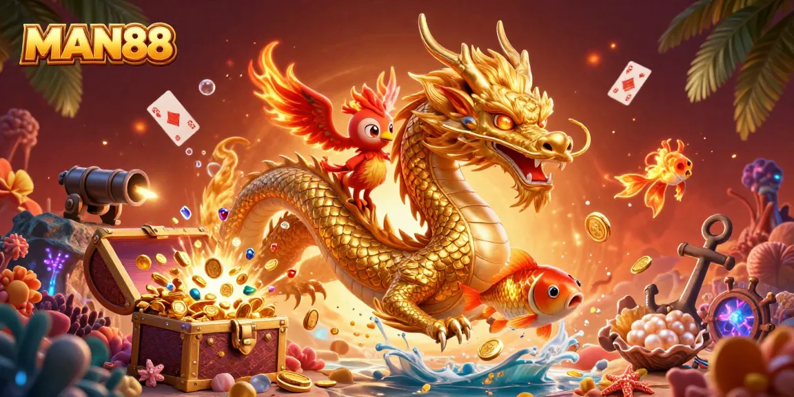 Experience the thrill of MAN88 with a dynamic 3D casino scene featuring a dragon and phoenix.