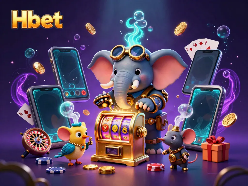 Engage with Hbet's immersive 3D illustration showcasing a steampunk elephant and casino magic.