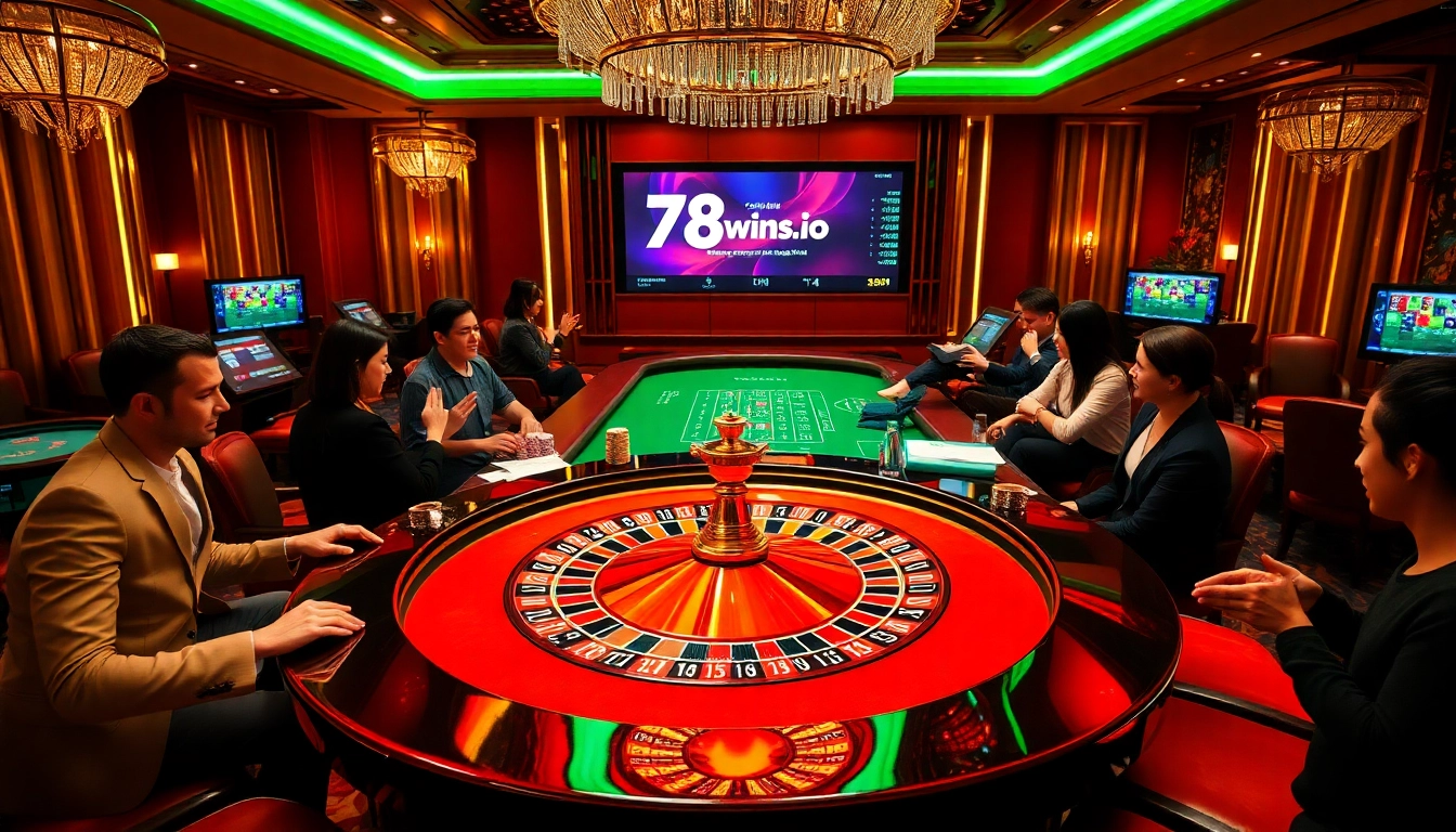 Engage in thrilling gameplay at 78wins.io with poker chips and roulette excitement in a luxurious casino setting.