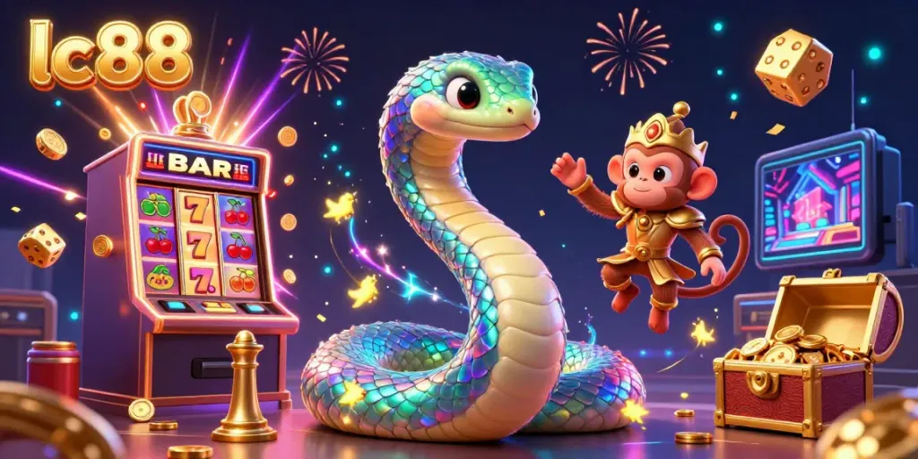 Experience the thrill of lc88 with a magical scene of a serpent, monkey king, and gaming elements.