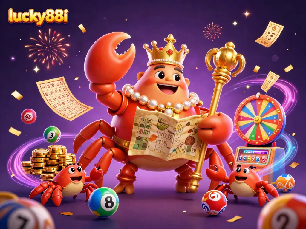 Engage with lucky88i's vibrant 3D illustration showcasing a golden crab emperor in a dynamic gambling scene!