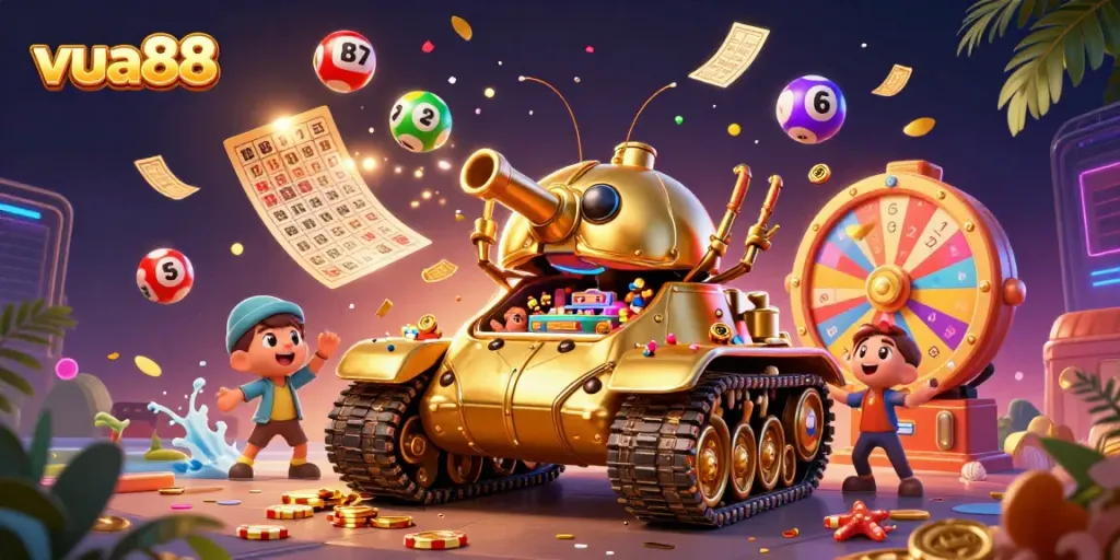 Experience the vibrant energy of gaming at vua88 with a golden beetle tank casino illustration.