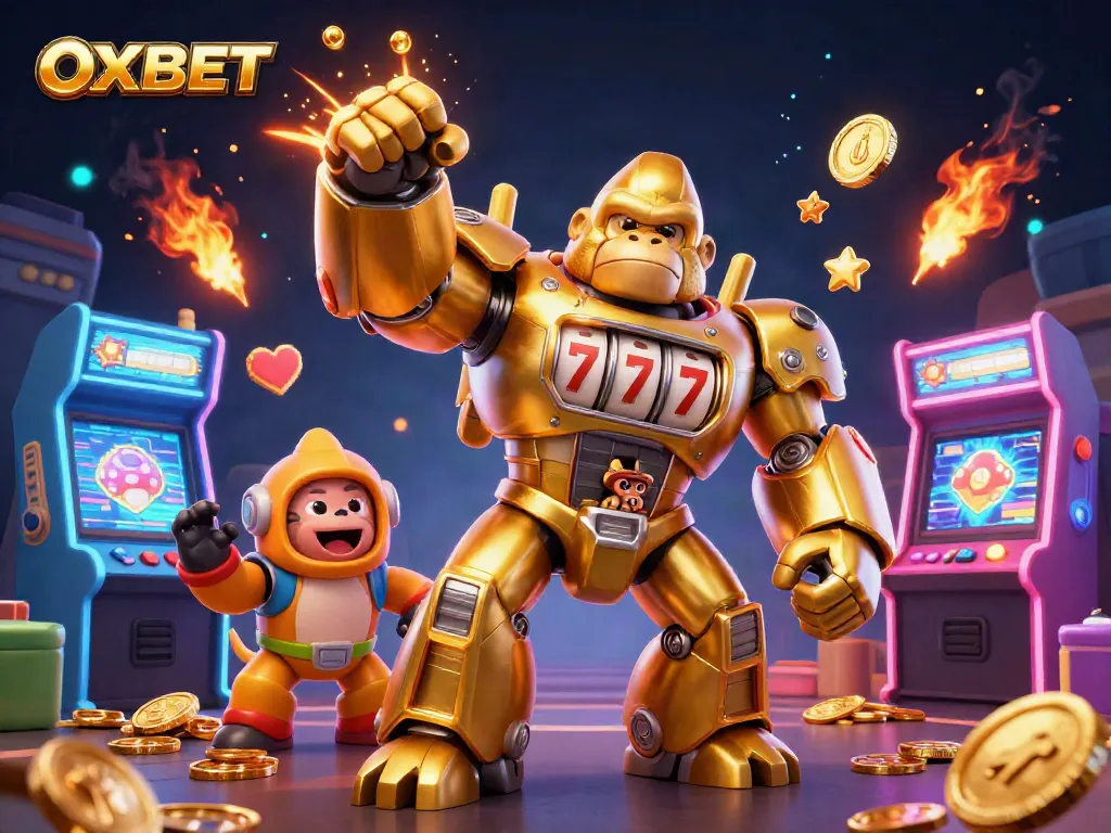 Experience the excitement of OXBET with a vibrant 3D casino illustration featuring a golden gorilla mech.