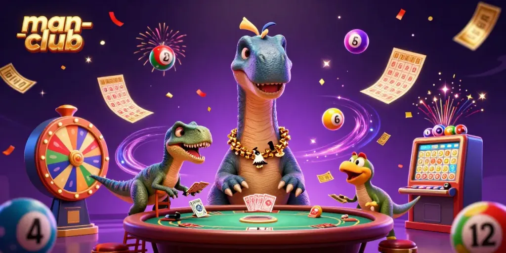 Engage with the man-club as a dinosaur watches a poker game filled with vibrant gaming elements.