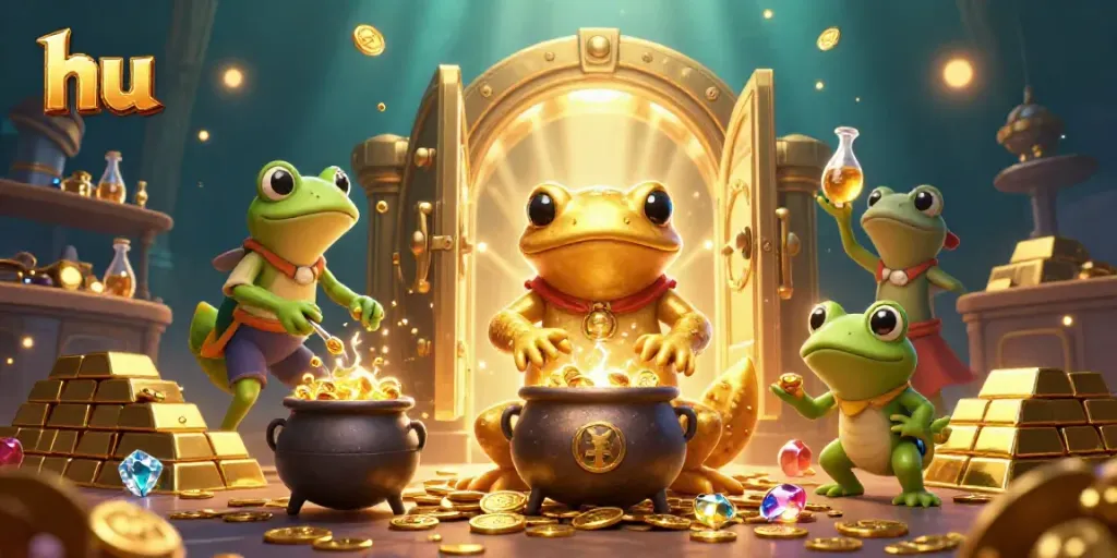 Engage with the sparkling world of hu, featuring an alchemist transforming metals into gold coins amidst a vibrant casino setting.
