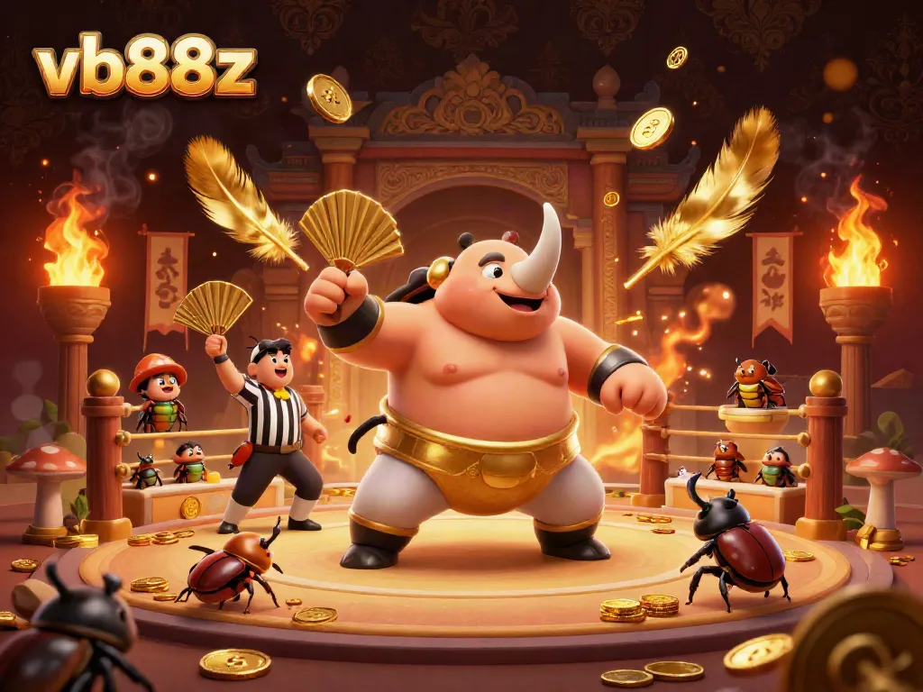 Engage in thrilling action at vb88z with a vibrant scene of a sumo beetle championship amidst flying coins and cheering spectators.