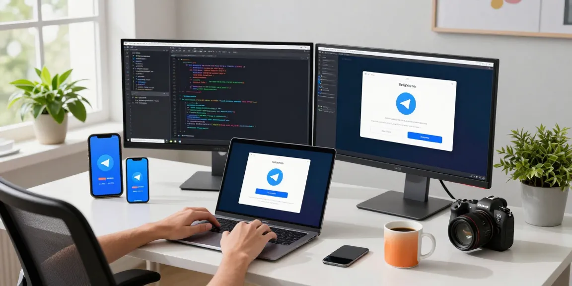 Download Telegram app on a laptop in a modern tech workspace, featuring coding interfaces and smartphone notifications.