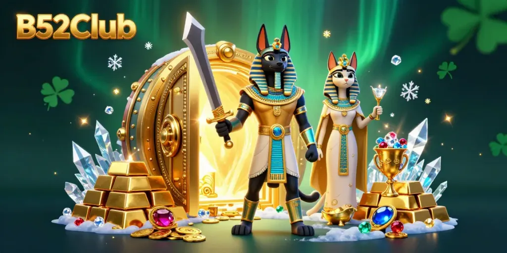 Experience a thrilling moment at B52Club with Anubis and Bastet amid treasures and gambling excitement.