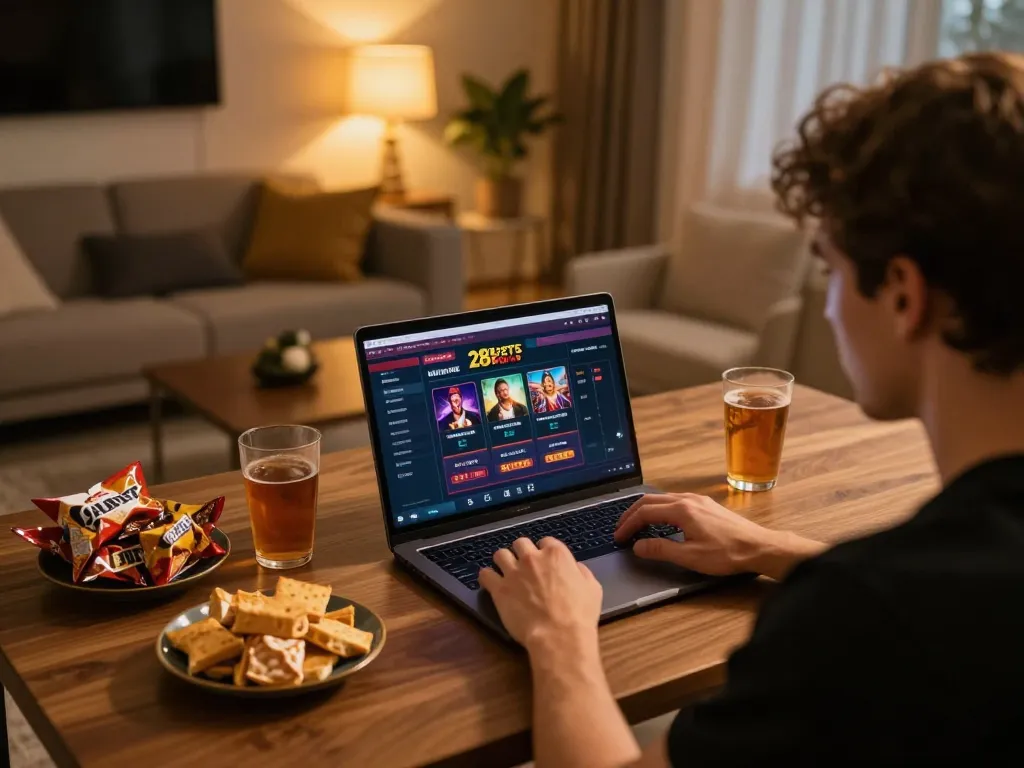 Engaged player enjoying online games at 28bets casino on a laptop in a cozy setting.