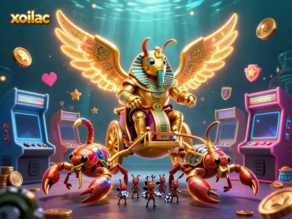 Xoilac channels excitement with a vibrant casino scene featuring animated characters and dazzling game elements.