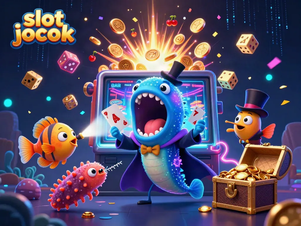 Experience the thrill of slot jackpot with vibrant animated characters and exploding coins.