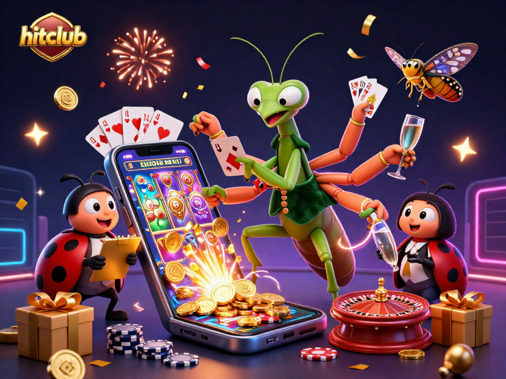 Join the excitement at hitclub with a lively casino scene featuring unique characters and vibrant game elements.
