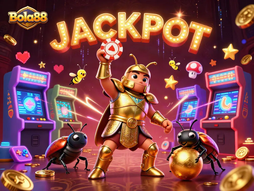 Bola88 offers an engaging victory scene with a cartoon hercules beetle celebrating a jackpot, surrounded by vibrant game elements.