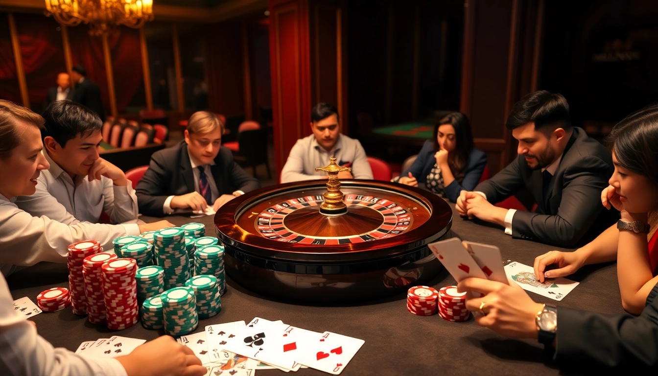 Game bài đổi thưởng players strategizing at a luxurious casino table with poker chips and cards.