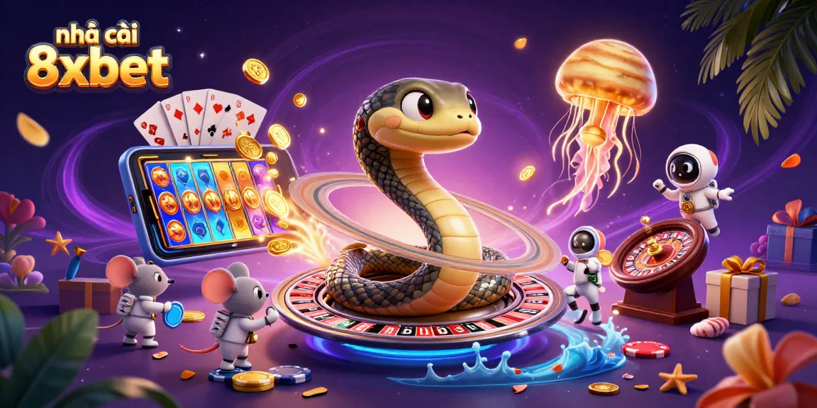 Engage with nhà cái 8xbet’s thrilling 3D casino scene featuring cosmic characters and vibrant game elements.
