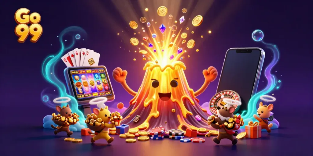 Experience the excitement at Go 99 with triumphant volcano and treasure-filled scene.