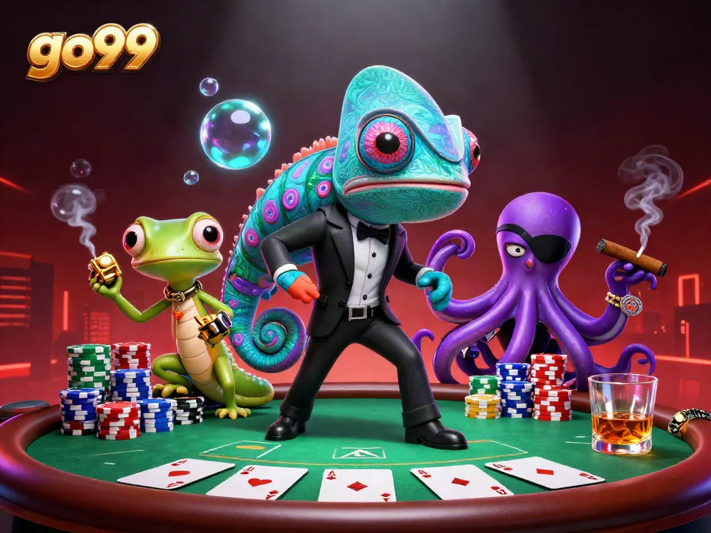 Engage with go99's vibrant casino scene featuring a chameleon secret agent among poker elements.