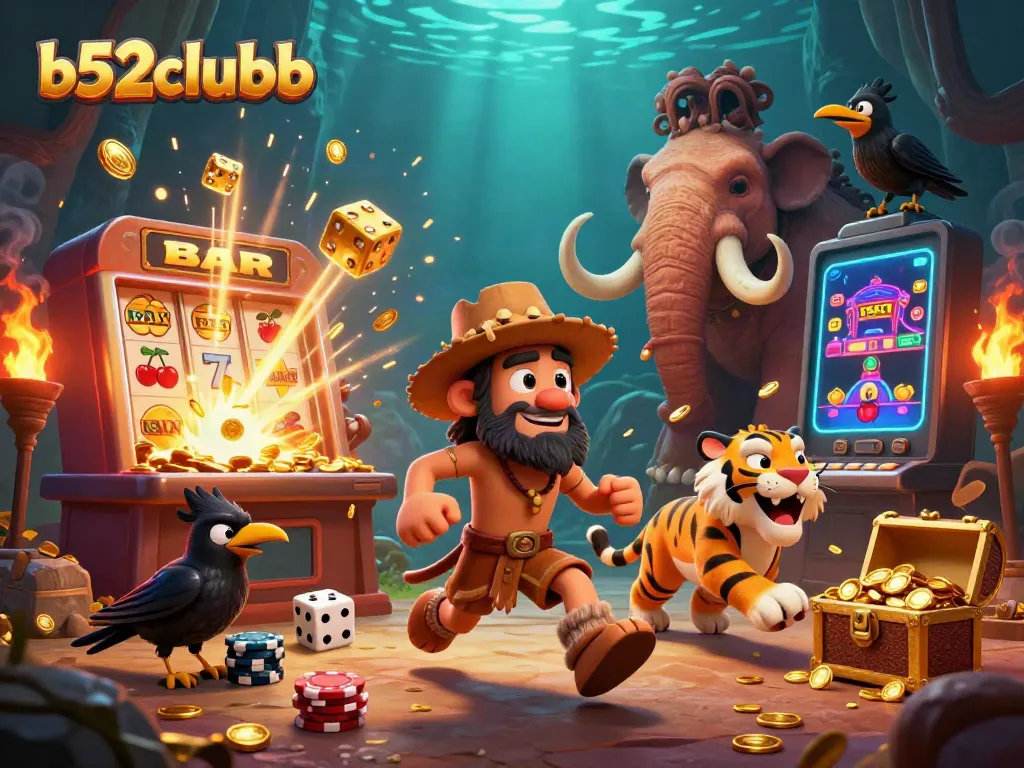 Experience the excitement of b52clubb with engaging characters and vibrant casino elements in a prehistoric scene.