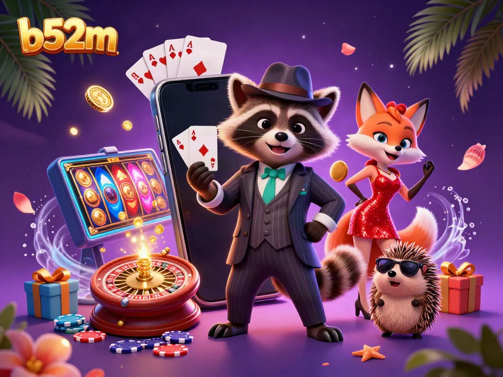 Play casinos on b52m with vibrant raccoon, fox, and hedgehog characters enjoying slots.