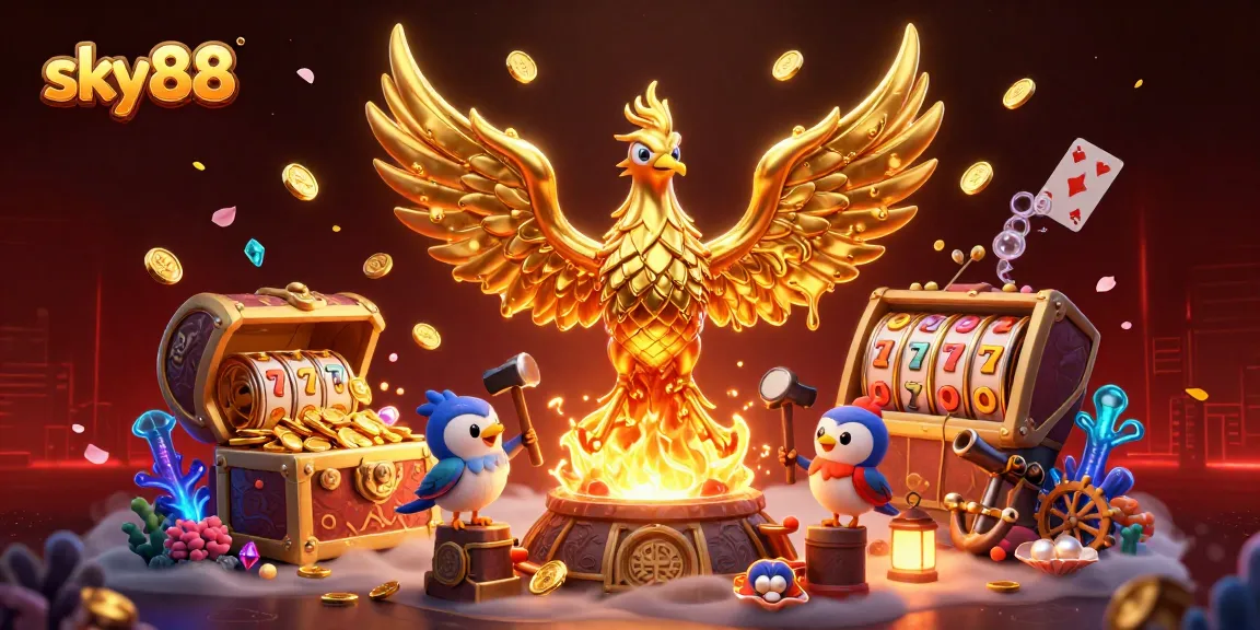 Experience the thrill of sky88 with a molten golden phoenix amidst dynamic casino elements and treasures.
