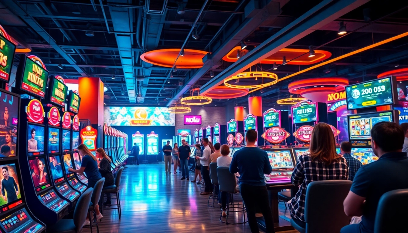 NOHU gaming environment with diverse players enjoying slots and poker in a vibrant casino atmosphere.
