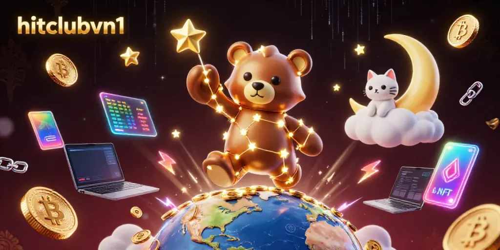 Hitclubvn1 cosmic casino scene with a constellation bear collecting coins among glowing crypto elements.
