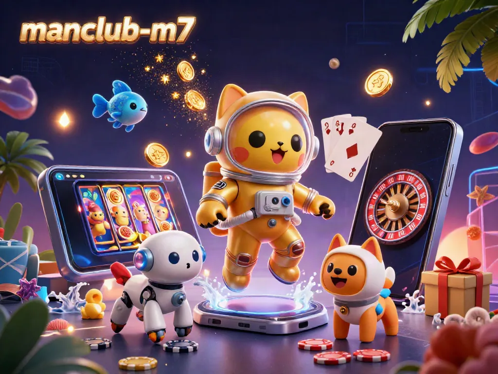 Play and win with manclub-m7's vibrant space-themed casino illustration featuring a cat and dog duo.