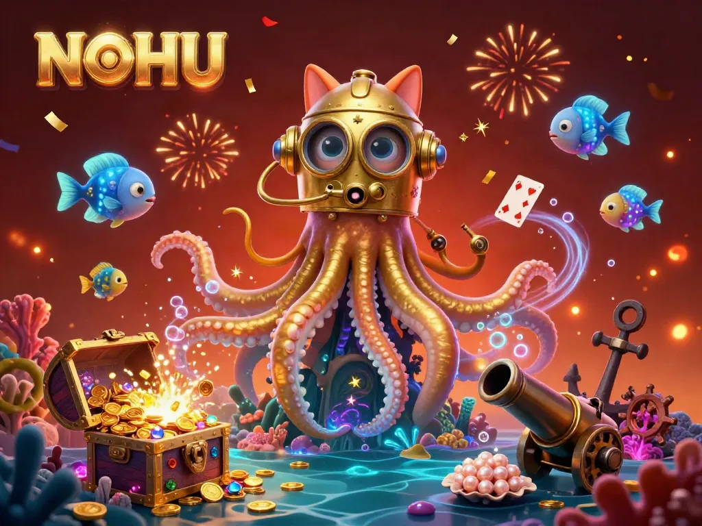 Engage with the vibrant NOHU experience as a cartoon kraken and diving cat explore a treasure-filled ocean of excitement.