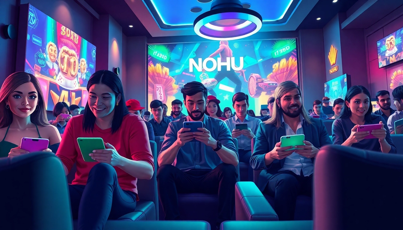 NOHU gaming platform scene showcasing diverse players immersed in online games, emphasizing excitement and energy.