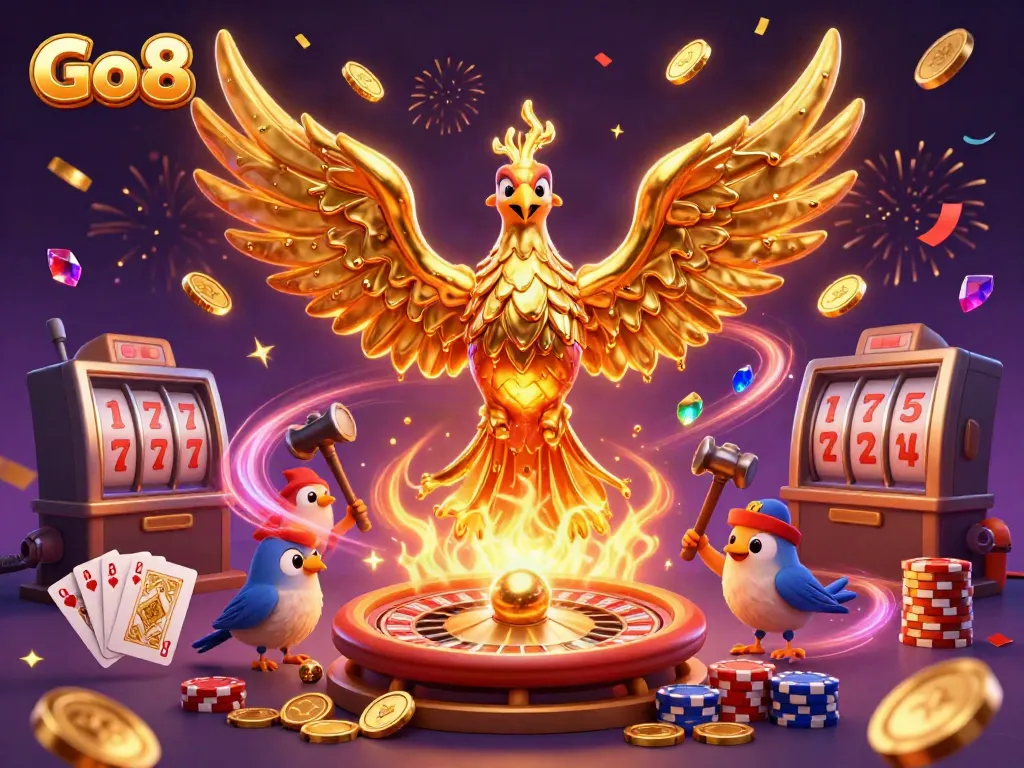 Experience the thrill of Go 8 with a dynamic scene of a molten golden phoenix and casino elements, winning big!