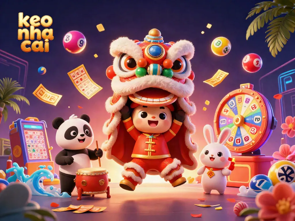 Exciting keo nha cai scene with dynamic lottery balls and festive characters in action.