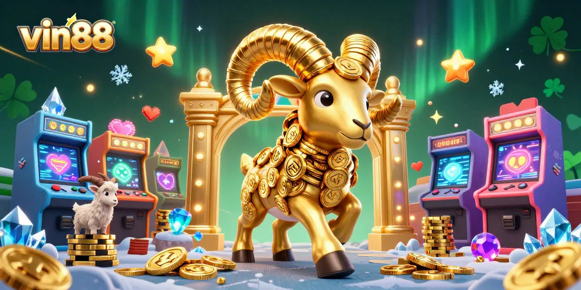 Experience top-tier gaming at vin88 with golden rams charging through vibrant casino elements.