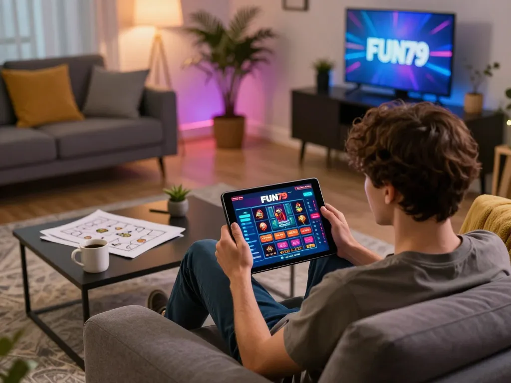 Player enjoying using FUN79's online casino interface on a tablet in a cozy home setup.