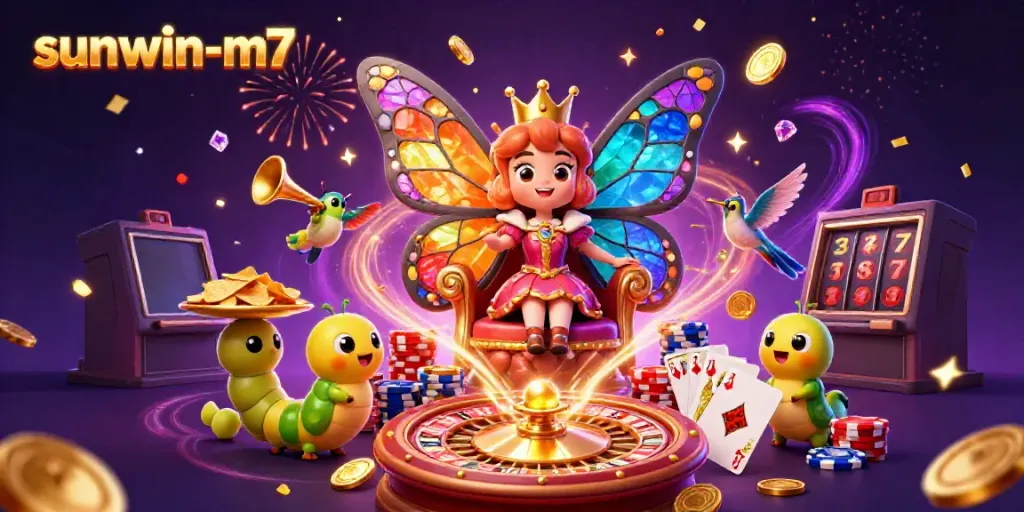 Spin on slots and roulette with sunwin-m7's dazzling casino illustration filled with vibrant game elements.