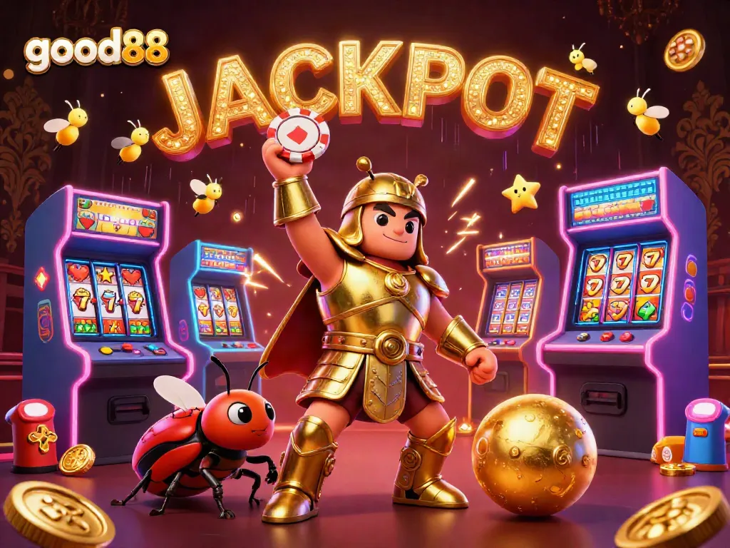 Experience thrilling wins at good88 with a victorious beetle lifting a poker chip in a vibrant casino scene.