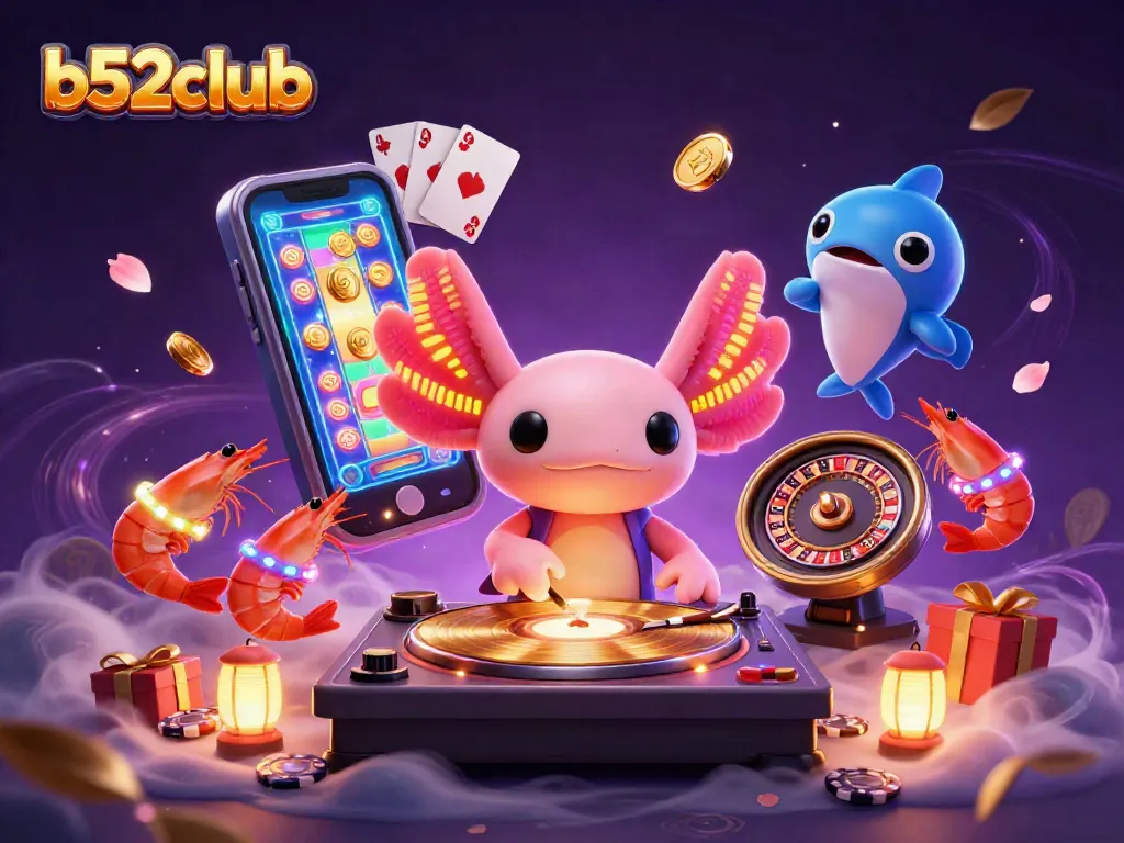 Bets on b52club as axolotl DJ spins vibrant reels while shrimp dance in a colorful casino.