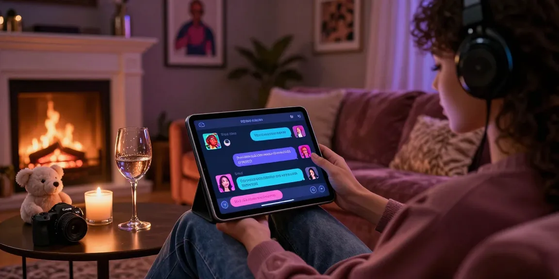 NSFW chat bot interaction in a cozy virtual lounge with dynamic visuals