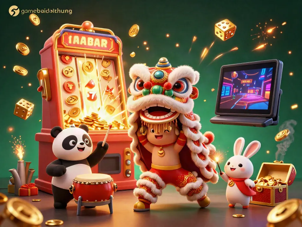 Engage with thrilling games at gamebaidoithuong featuring a vibrant lion dance and casino elements.
