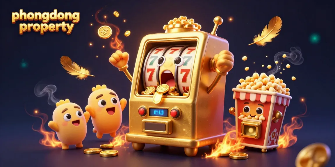 Experience the excitement of phuongdongproperty as a golden slot machine hits a jackpot, surrounded by cheering machines and vibrant casino elements.