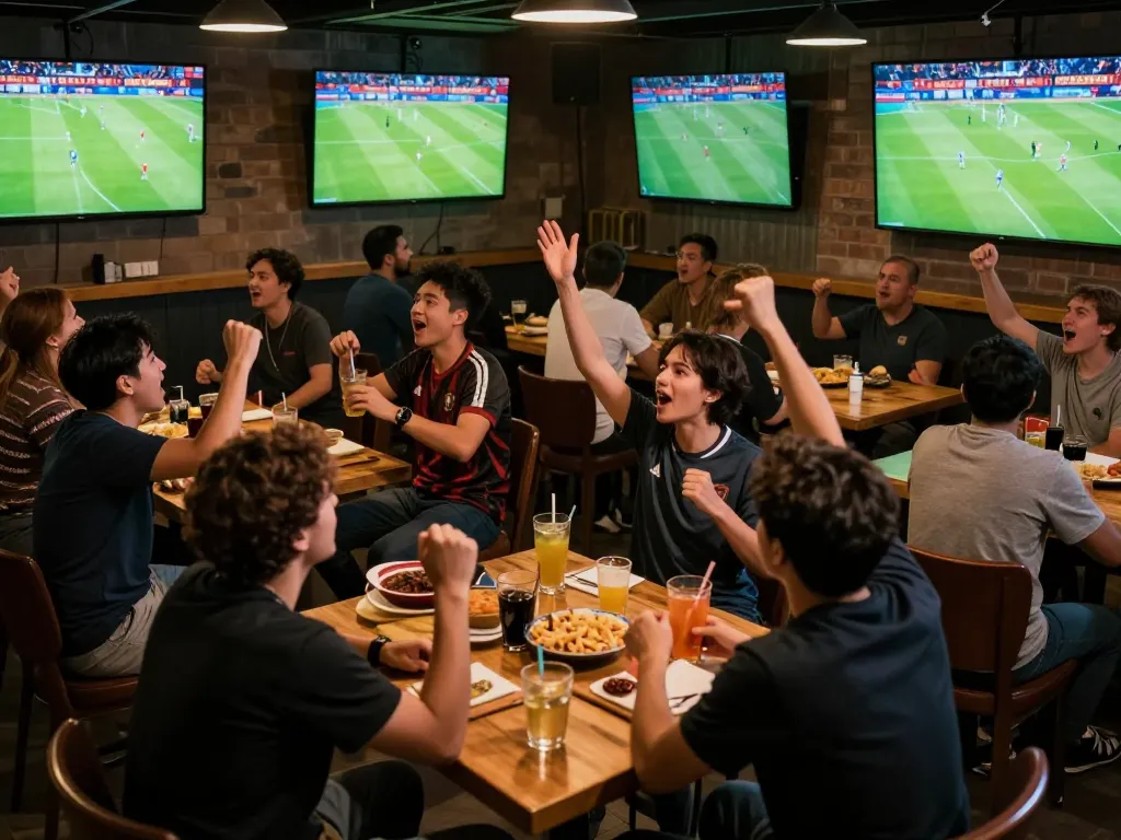 xem bóng đá trực tiếp at a lively sports bar, fans cheering and engaging with live soccer matches, vibrant atmosphere full of excitement