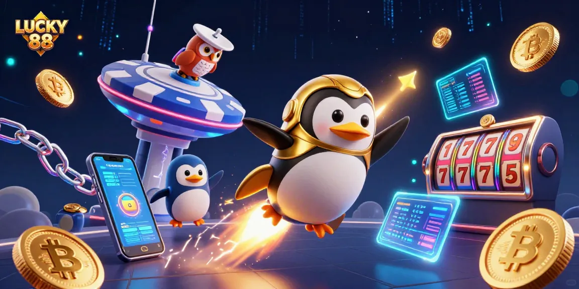 Experience LUCKY 88 with golden penguins, vibrant casino elements, and crypto coins.