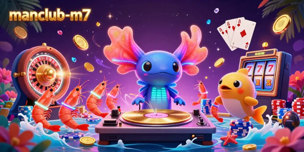 Experience vibrant gaming with manclub-m7's 3D animated casino party featuring axolotl DJ and colorful gambling elements.