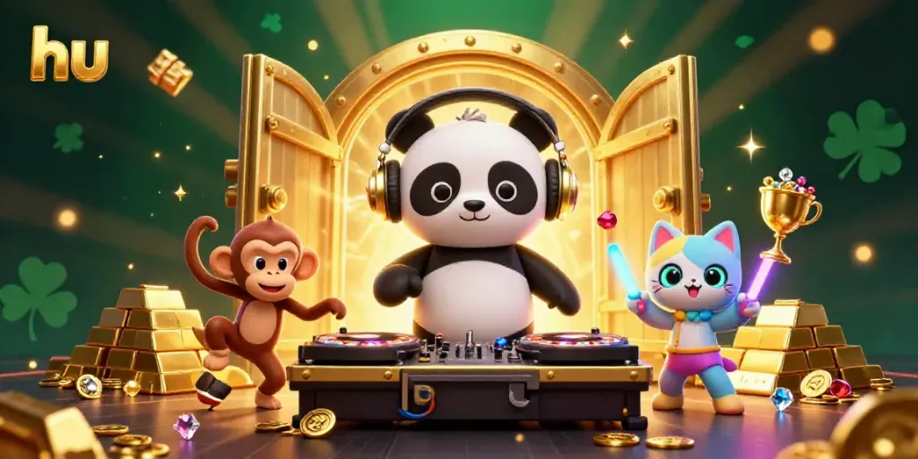 Experience exciting spins at hu's dynamic 3D casino scene featuring vibrant characters and dazzling treasures.