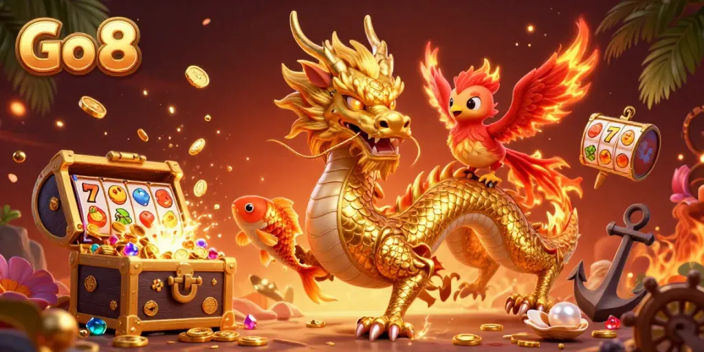 Experience the excitement of Go 8 with a dynamic illustration of a fierce dragon, phoenix, and koi fish in a lively casino-themed scene.