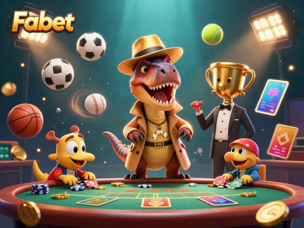 Experience the thrill of Fabet gaming with a velociraptor card counter, casino elements, and vibrant sports action.