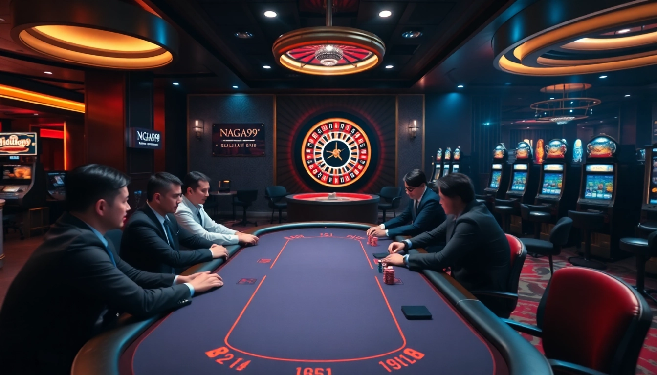 Naga99 poker players engage competitively at a vibrant casino table.