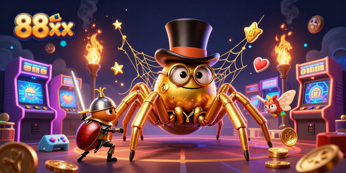 Engage with 88xx's vibrant casino scene featuring a golden tarantula and beetle knight.