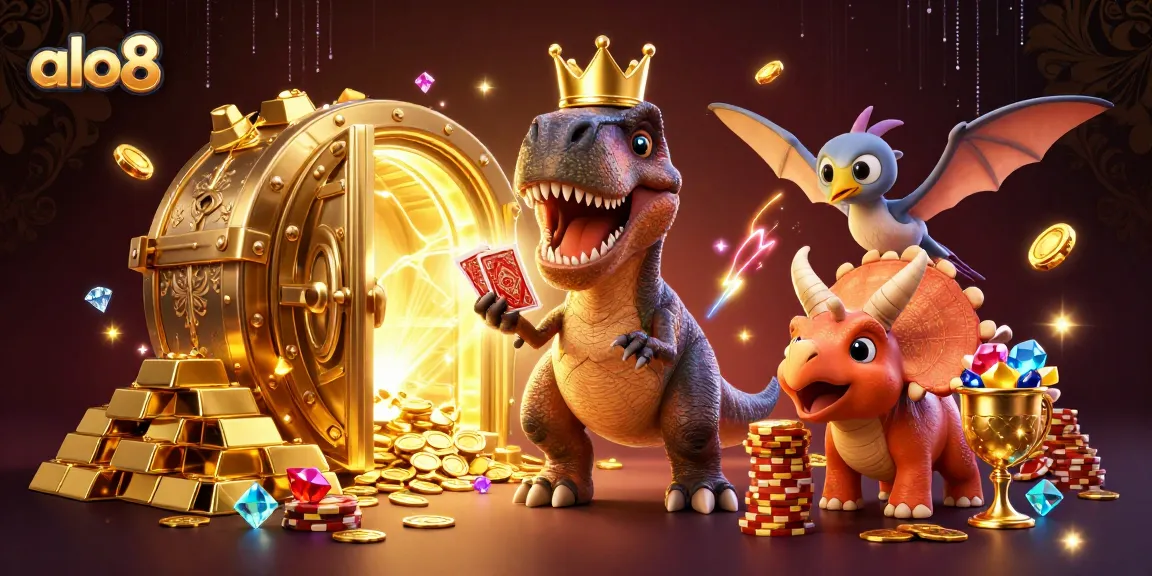 alo8 presents a vibrant scene with a T-Rex shuffling cards, showcasing dynamic gambling excitement.