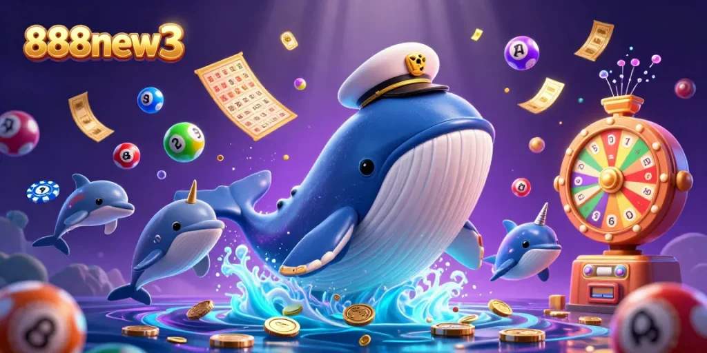 Engage with 888new3's dynamic lottery scene featuring a cartoon whale, playful dolphins, and vibrant game elements.